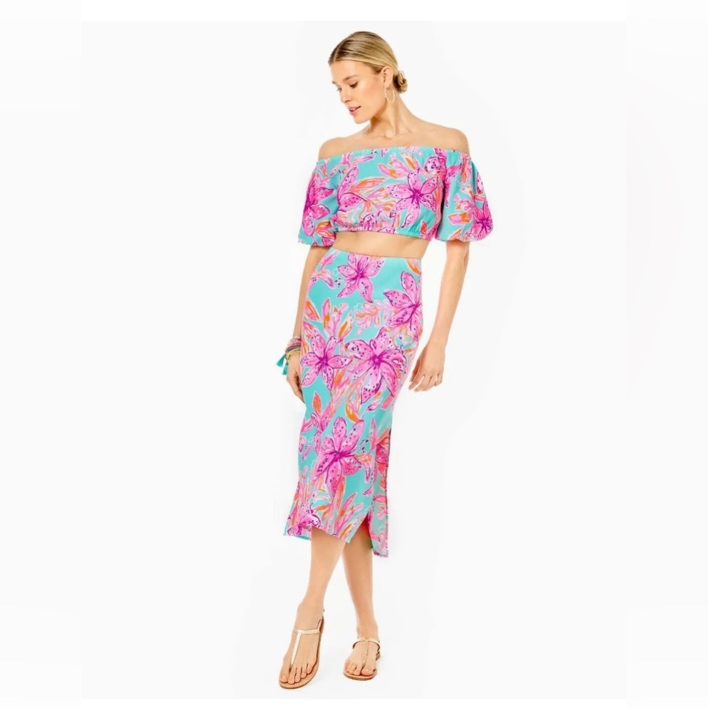 Lilly Pulitzer Esmeray Crop Top & Midi Skirt Set Surf Blue Bonita Blooms Resort - Picture 13 of 16